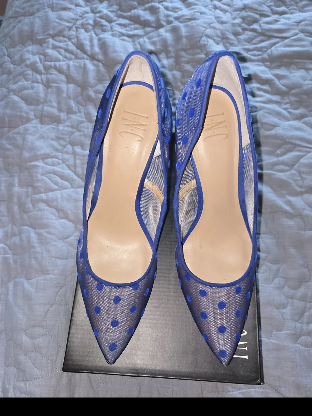 INC International Concepts Royal Blue Polka Dot Mesh Pointed Heels